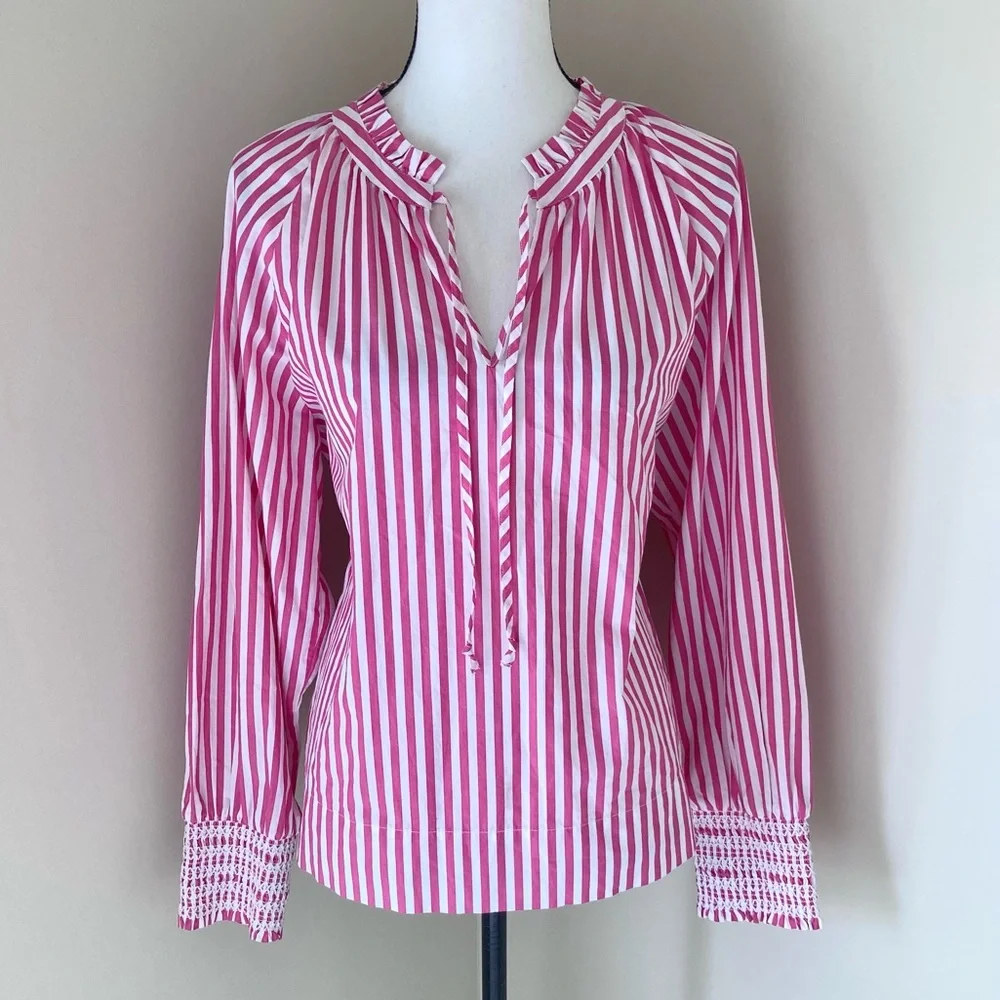 J Crew Smocked-cuff popover top in Pink and White stripe Size S